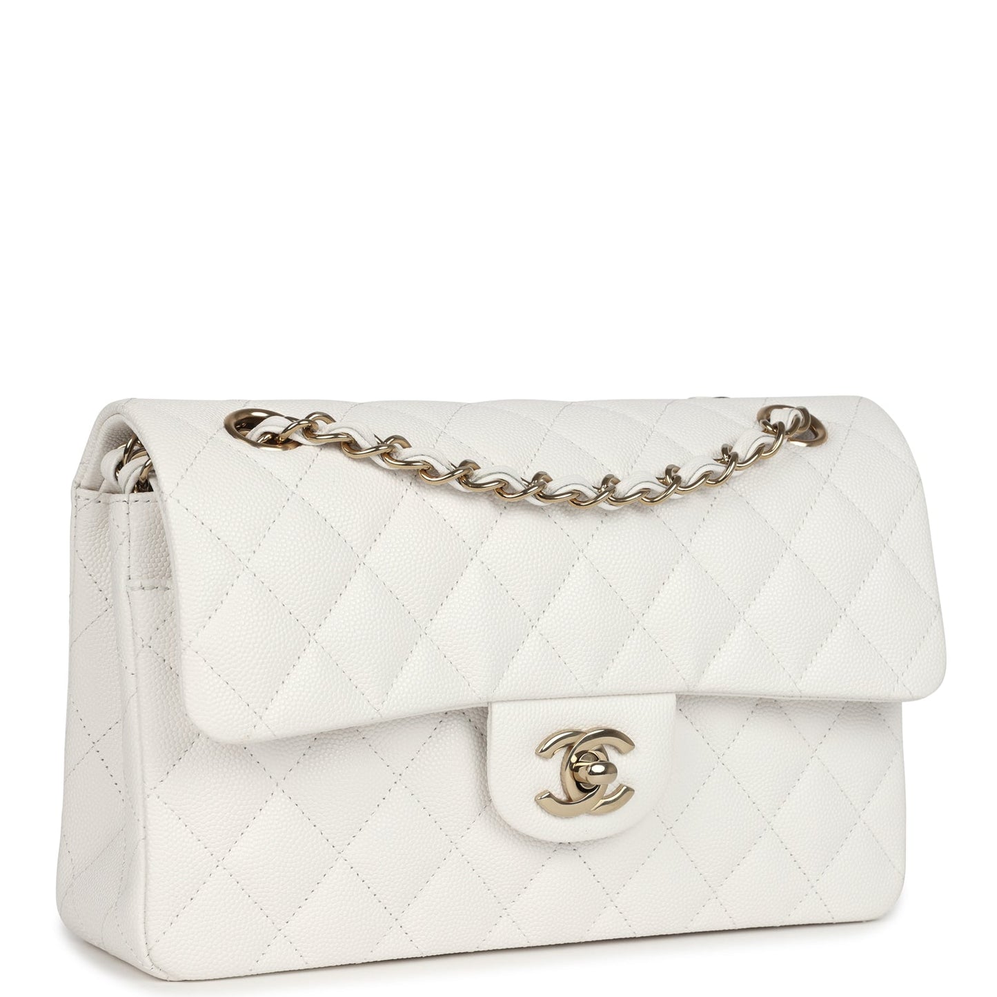 Chanel Small Classic Double Flap White Caviar Light Gold Hardware Shoulder Bag