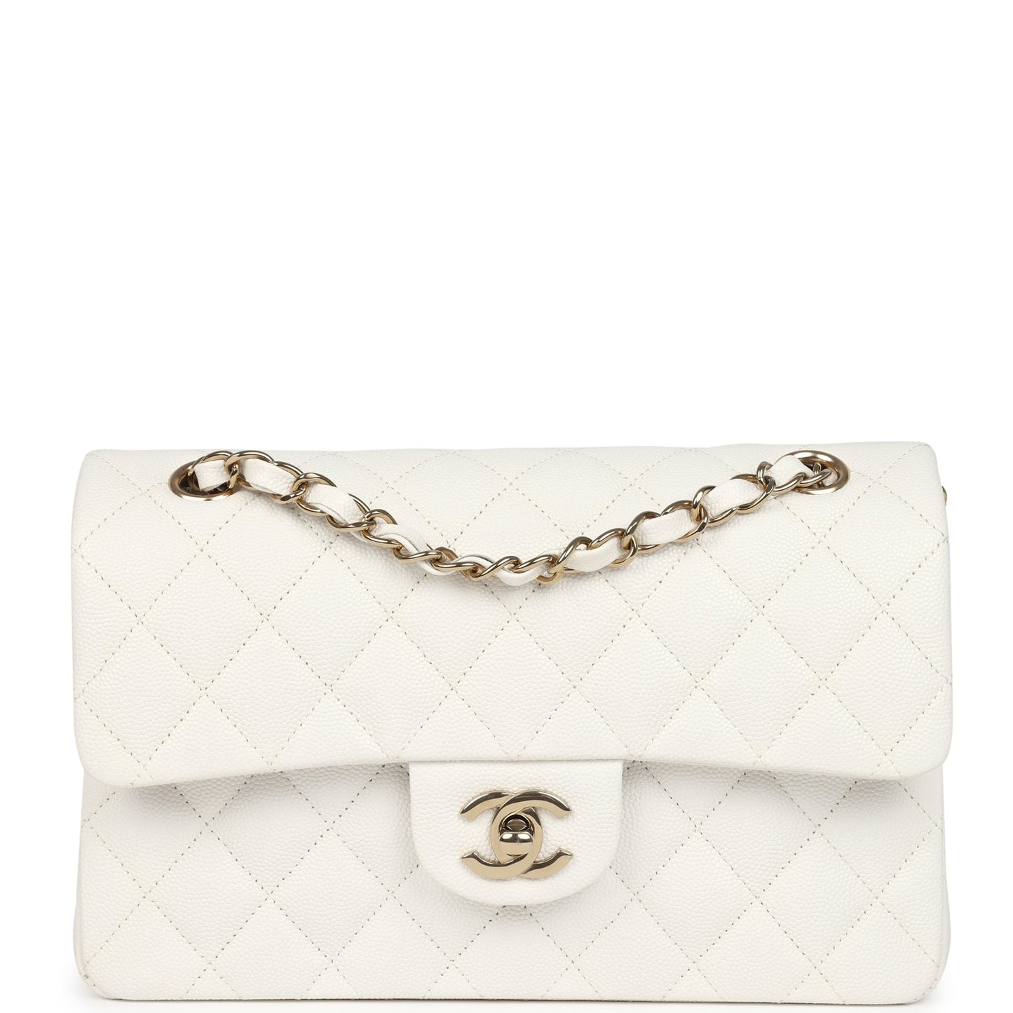 Chanel Small Classic Double Flap White Caviar Light Gold Hardware Shoulder Bag