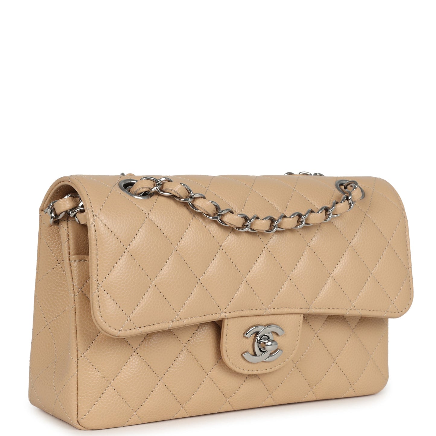 Chanel Small Classic Double Flap Bag Beige Caviar Silver Hardware Classic Flap