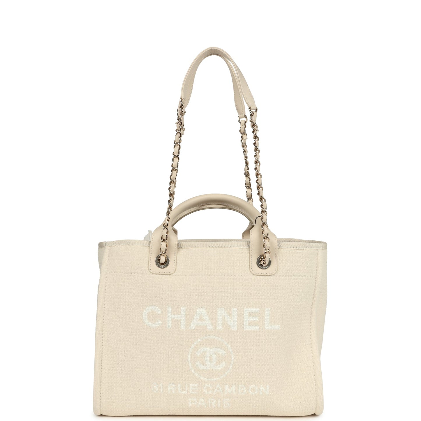 Chanel Small Deauville Shopping Tote Ivory Canvas Light Gold Hardware Book Tote