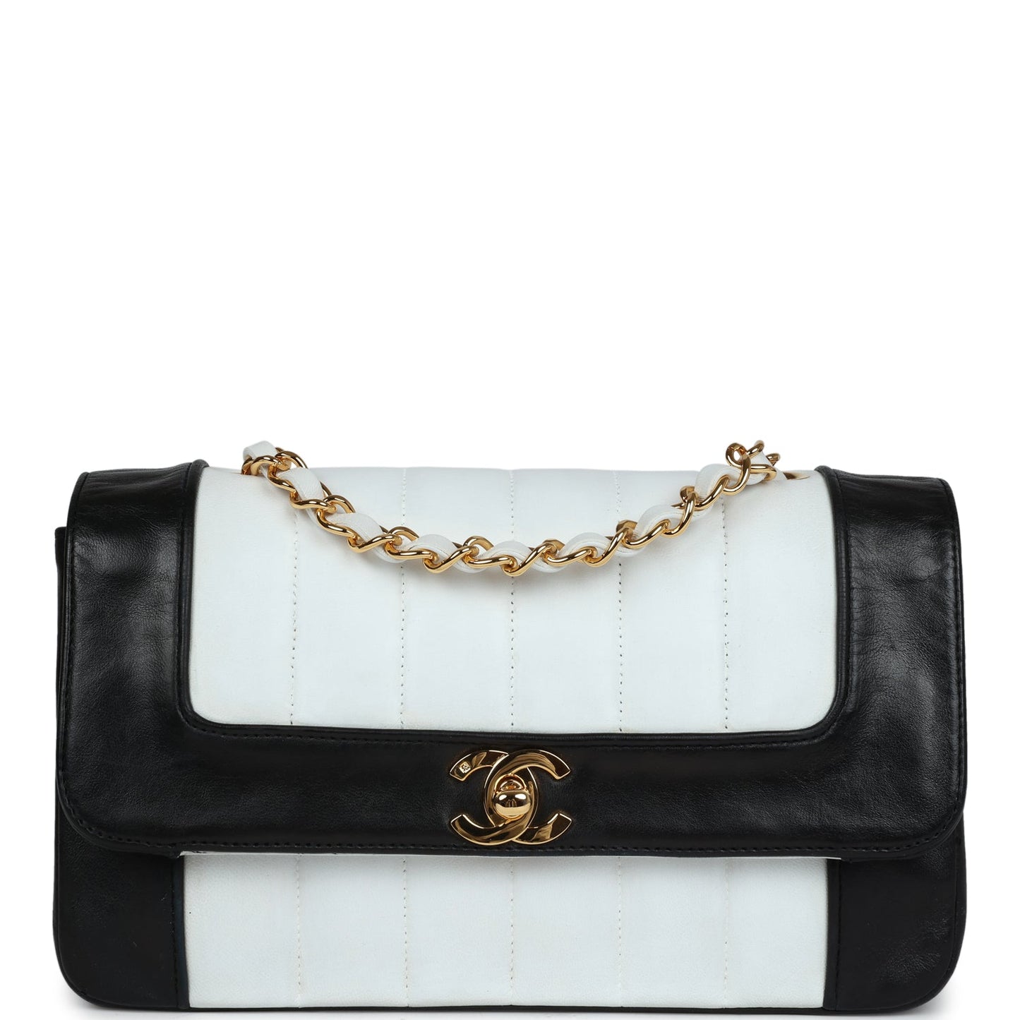 Chanel Small Mademoiselle Flap White and Navy Lambskin Gold Hardware Crossbody
