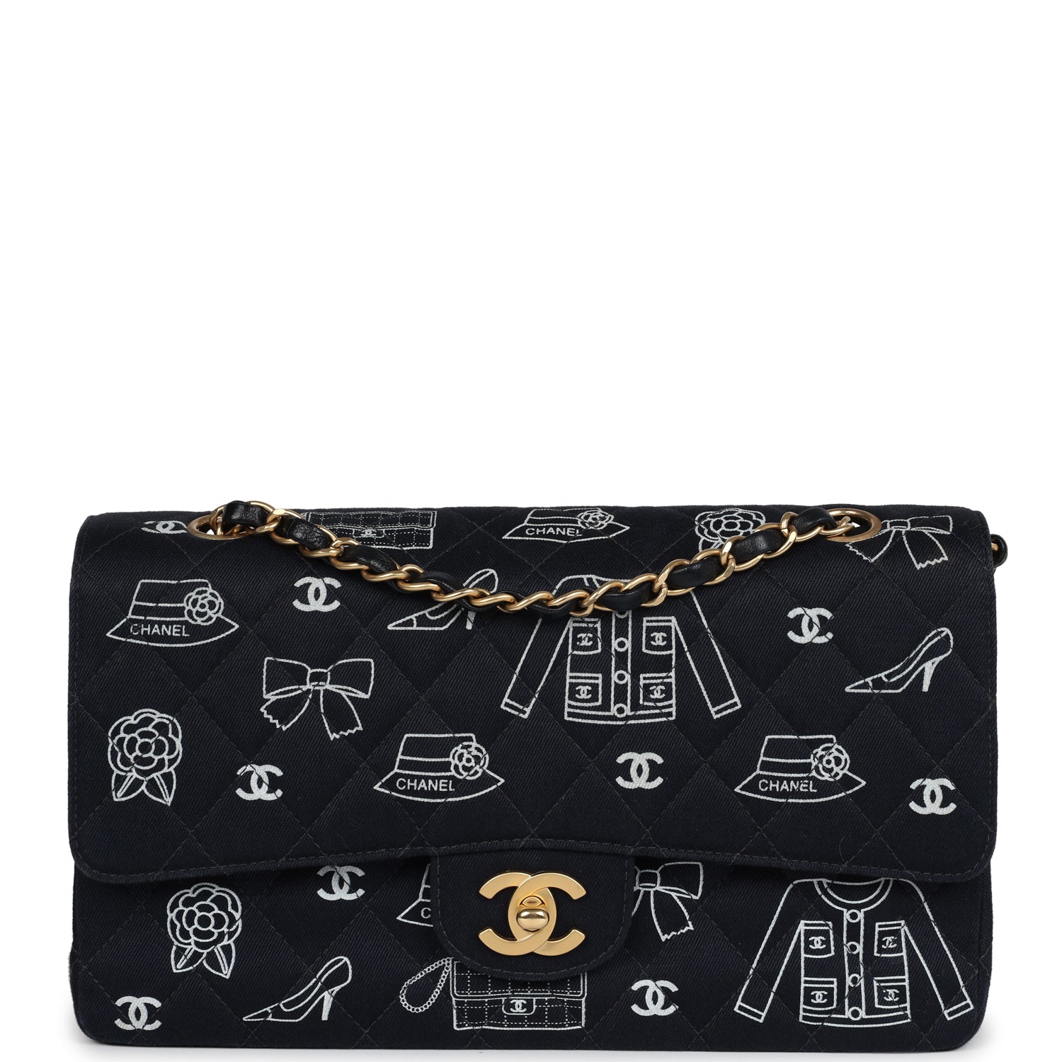 Chanel Medium Icon Print Double Flap Bag Navy Canvas Brushed Gold Hardware Classic Flap