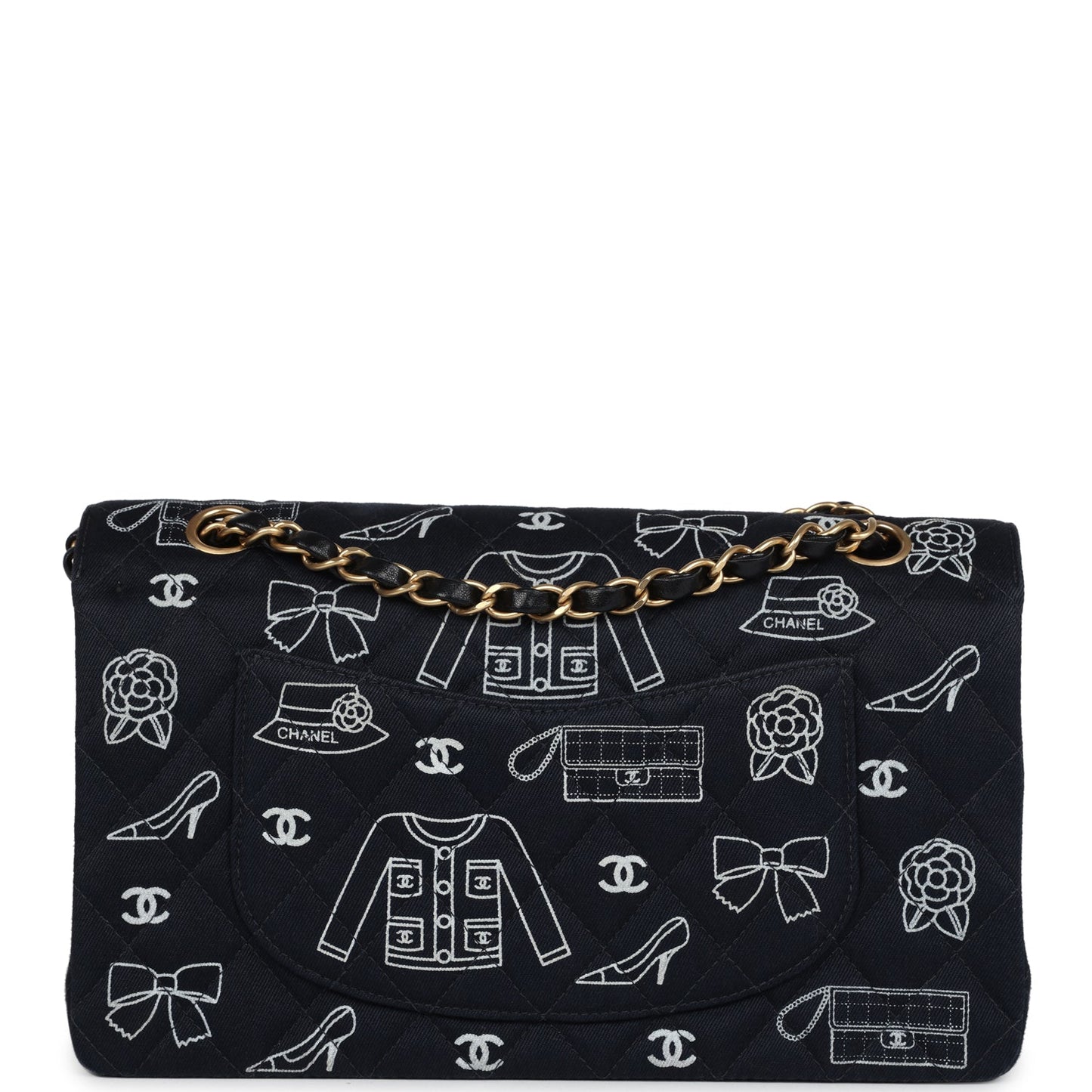 Chanel Medium Icon Print Double Flap Bag Navy Canvas Brushed Gold Hardware Classic Flap
