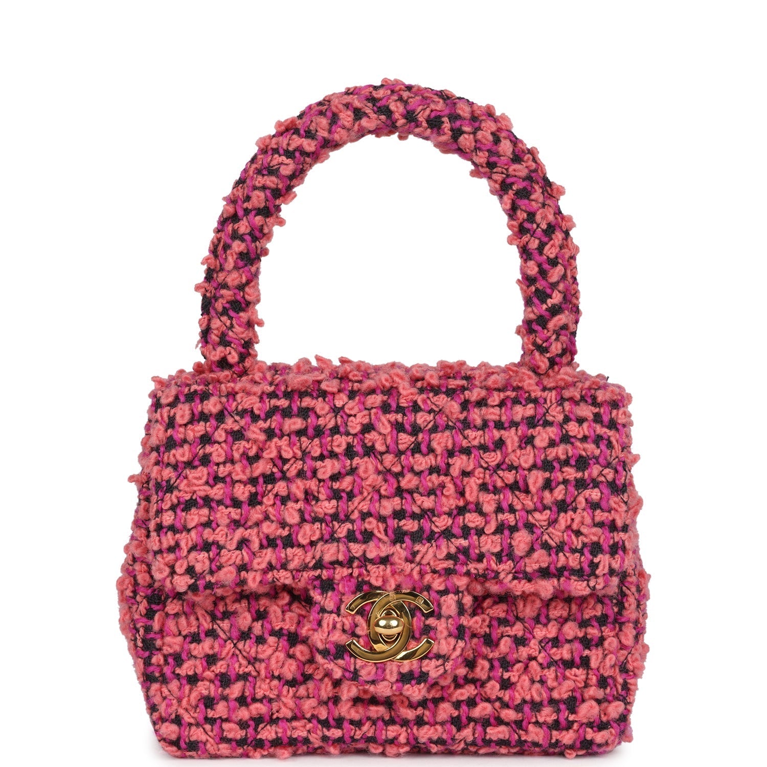 Chanel Micro Kelly Child Flap Bag Pink and Black Tweed Boucle Gold Hardware