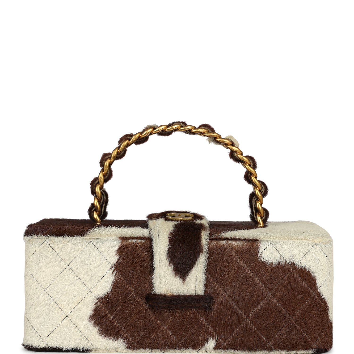 Chanel Rectangular Vanity Box Brown and White Cow Print Pony Hair Antique Gold Hardware Handbag