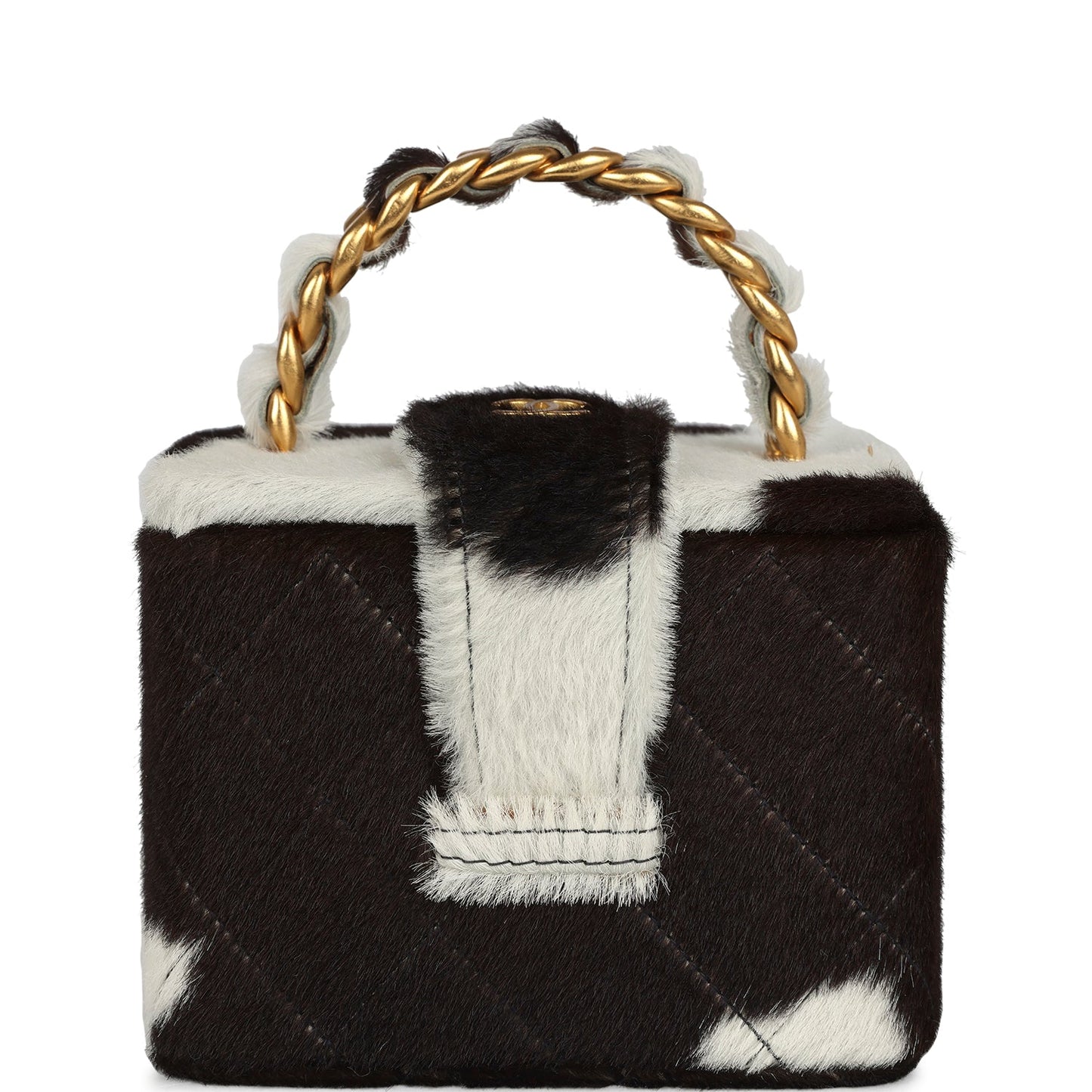 Chanel Square Vanity Box Brown and White Cow Print Pony Hair Antique Gold Hardware Handbag