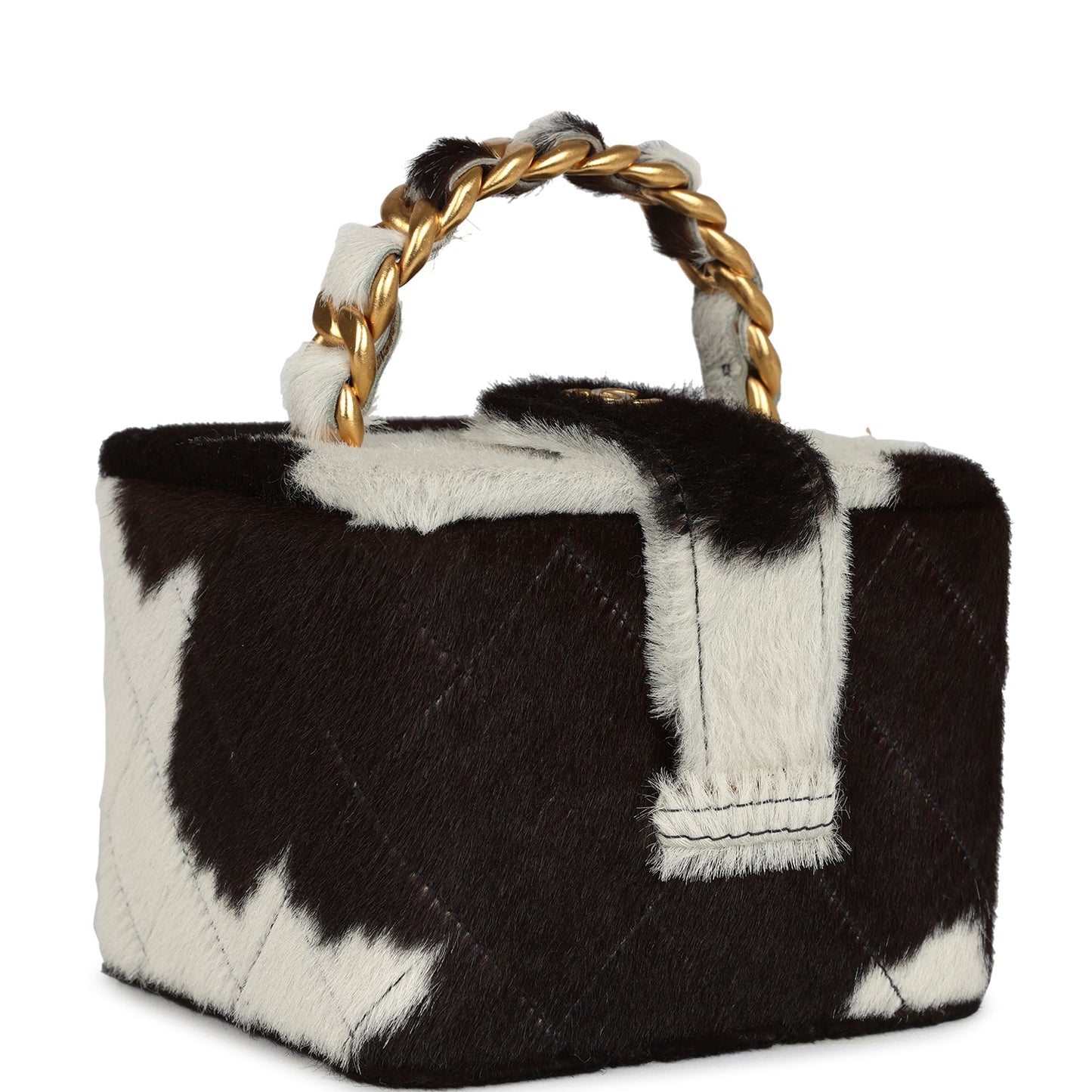 Chanel Square Vanity Box Brown and White Cow Print Pony Hair Antique Gold Hardware Handbag