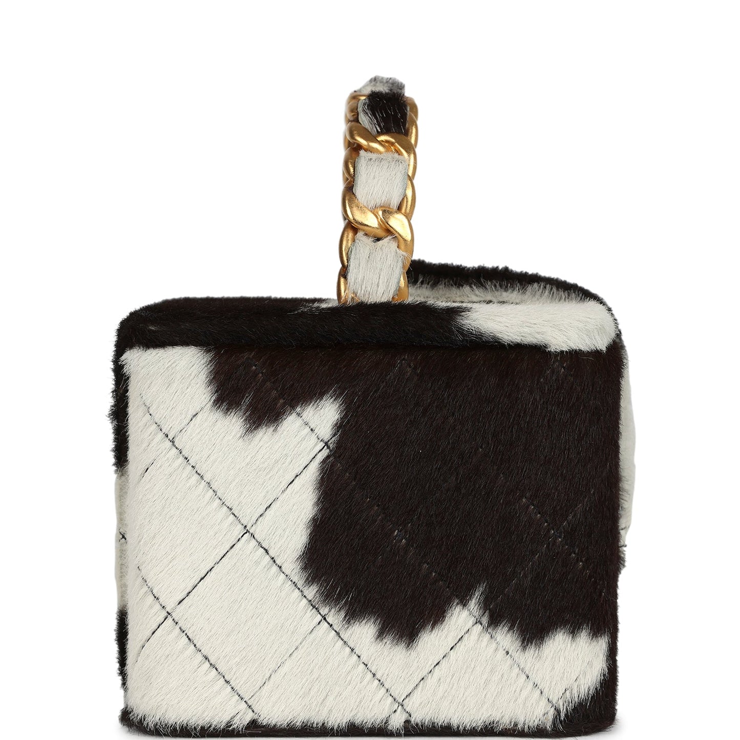 Chanel Square Vanity Box Brown and White Cow Print Pony Hair Antique Gold Hardware Handbag