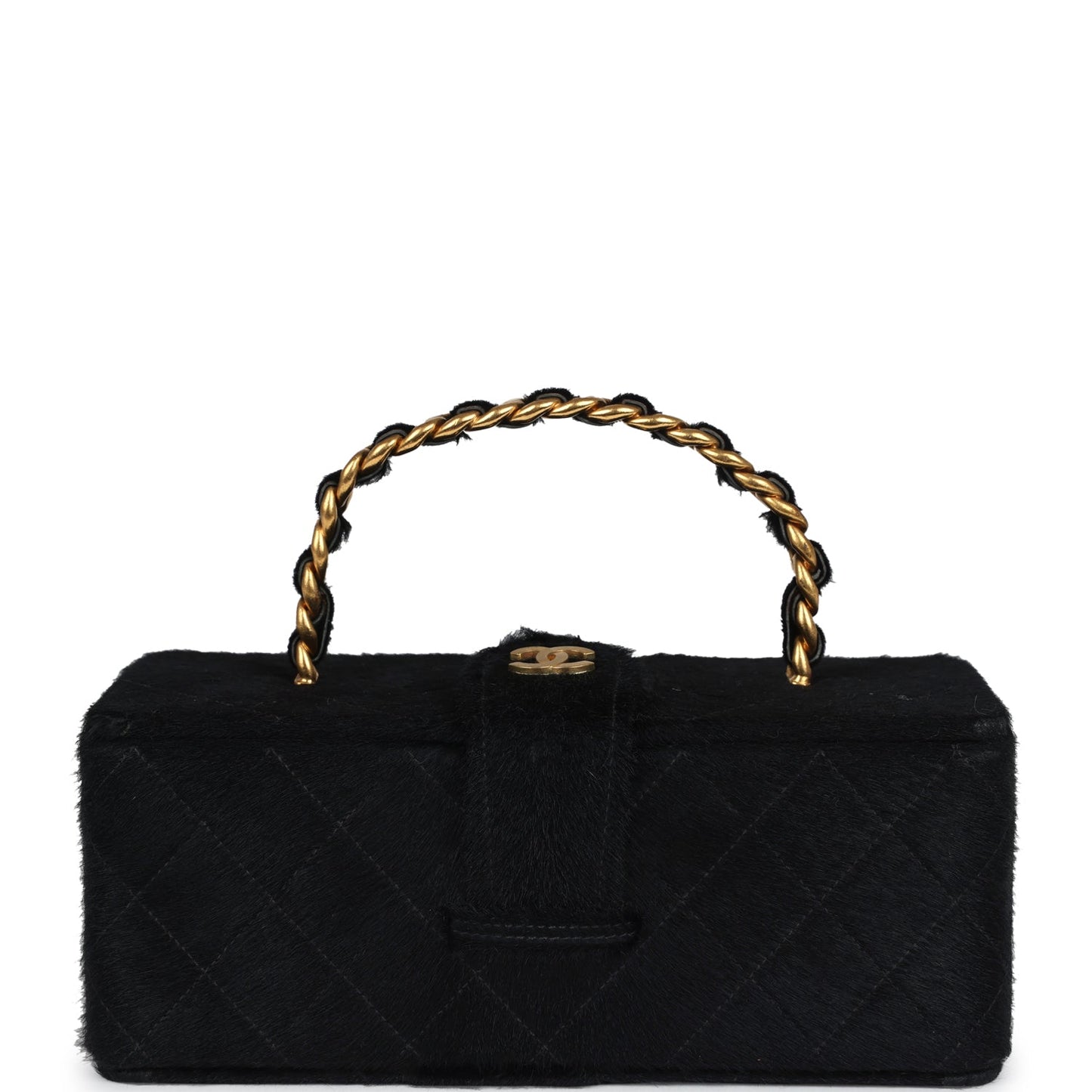 Chanel Rectangular Vanity Box Black Pony Hair Antique Gold Hardware Handbag