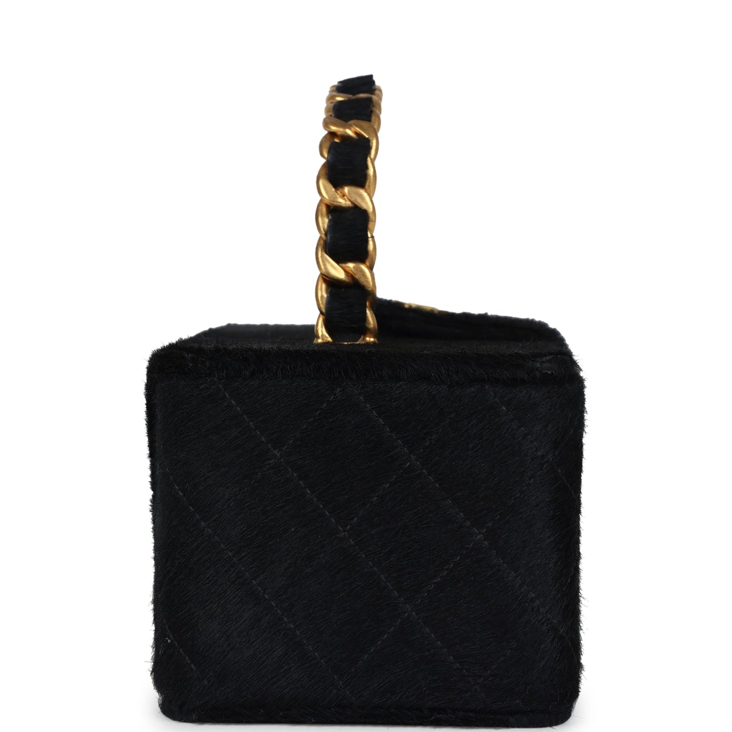 Chanel Rectangular Vanity Box Black Pony Hair Antique Gold Hardware Handbag