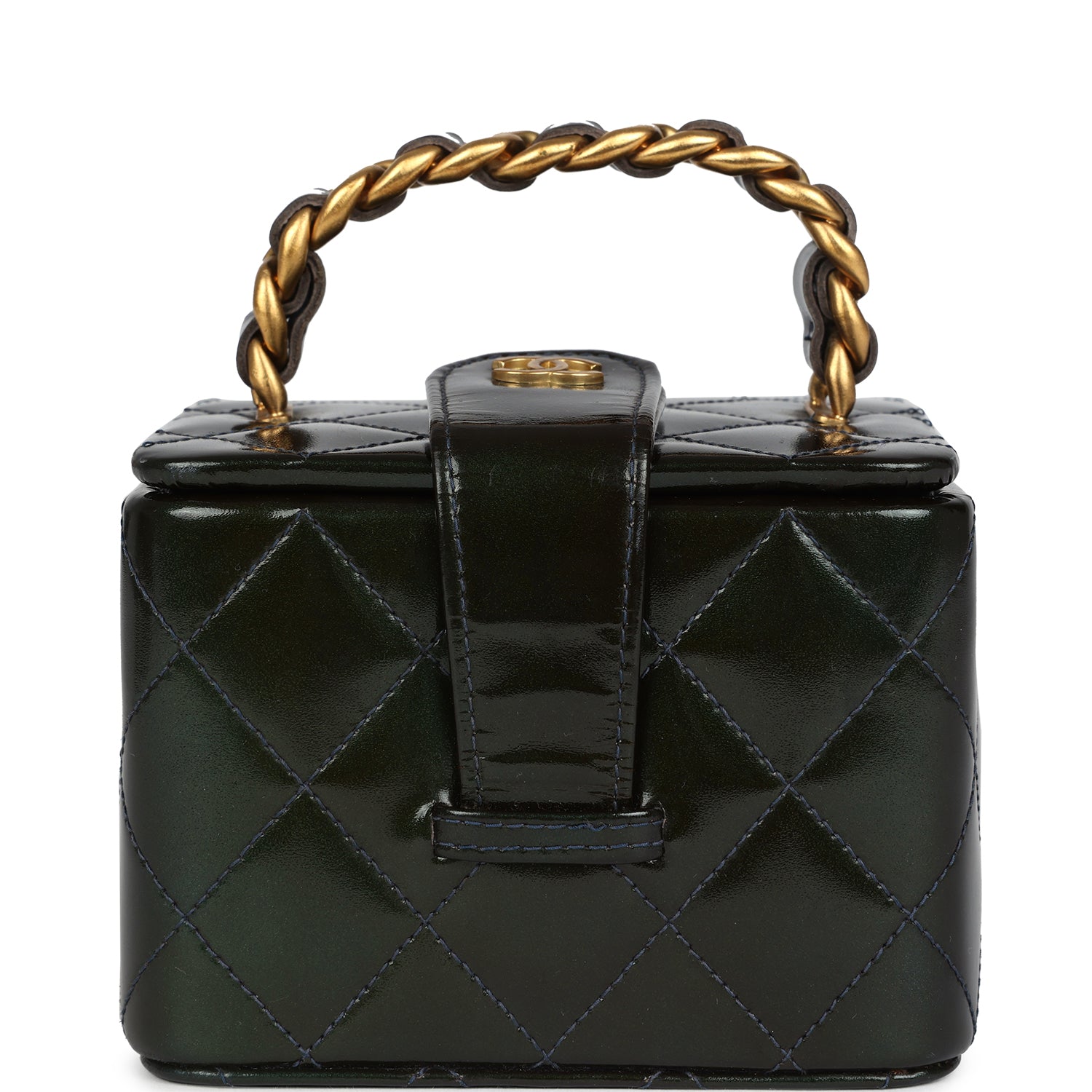 Chanel Mini Square Vanity Green Patent Antique Gold Hardware Handbag
