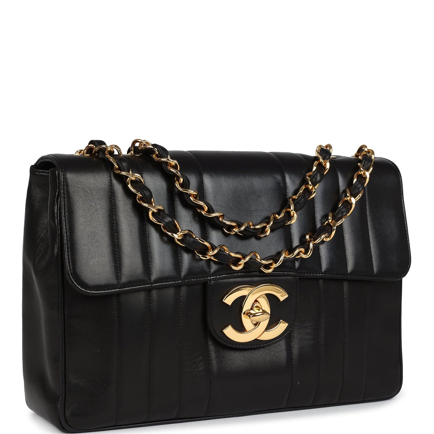 Chanel Jumbo Classic Mademoiselle Vertical Flap Black Lambskin Gold Hardware Shoulder Bag