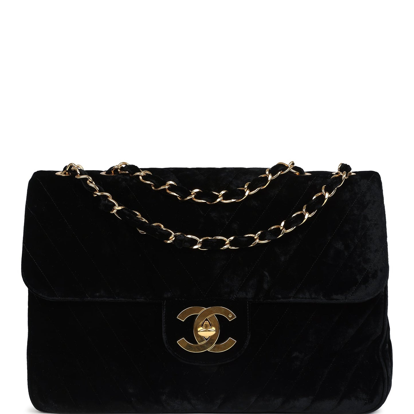 Chanel XL Classic Chevron Single Flap Bag Black Velvet Gold Hardware