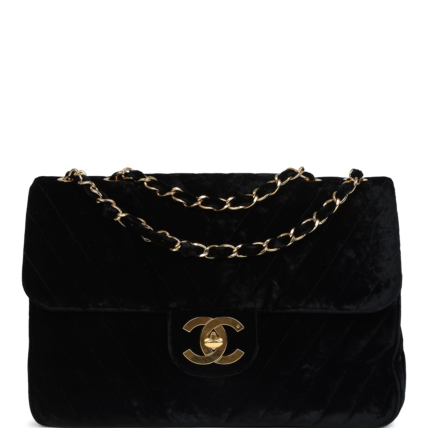 Chanel XL Classic Chevron Single Flap Bag Black Velvet Gold Hardware