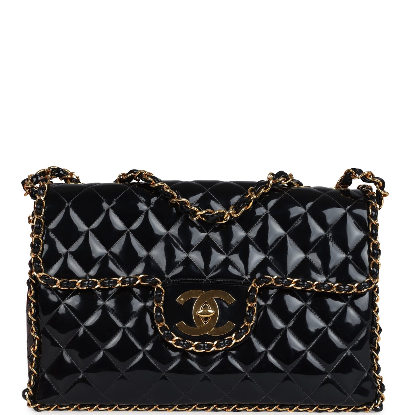 Chanel Maxi Classic Chain Around Single Flap Bag Black Patent Gold Hardware