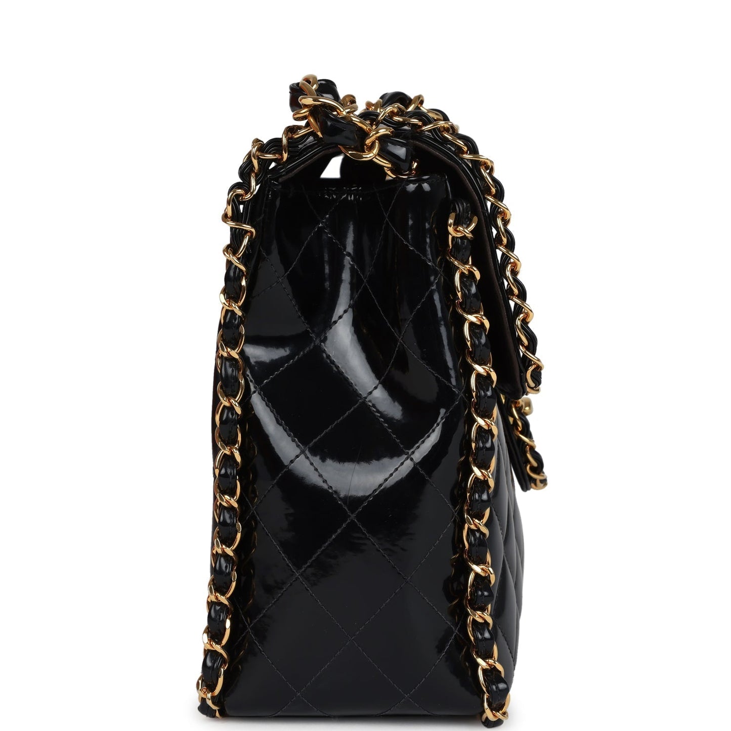 Chanel Maxi Classic Chain Around Single Flap Bag Black Patent Gold Hardware