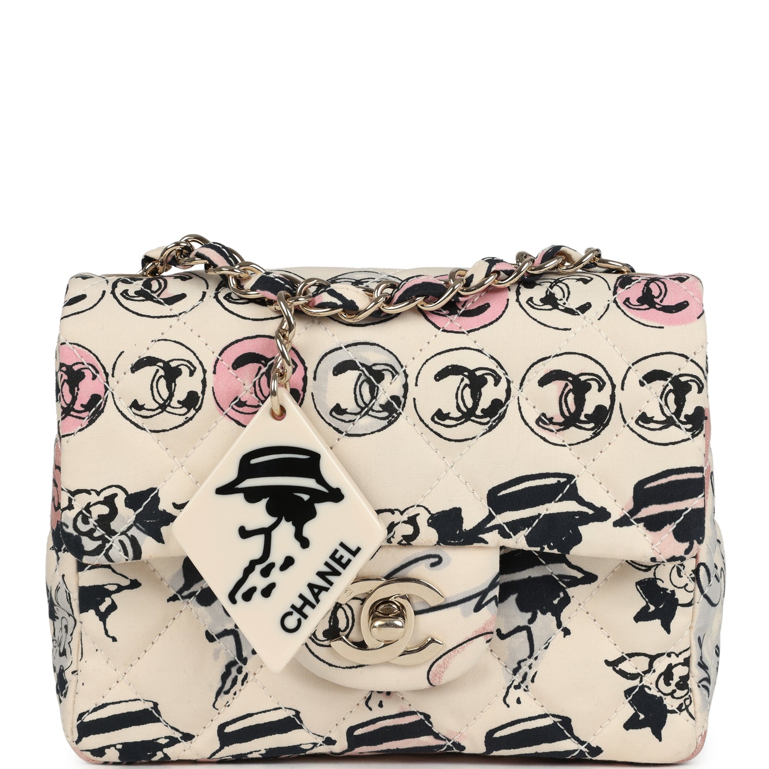 Chanel Mini Logo Square Flap Bag Light Pink Multi Printed Nylon Light Gold Hardware