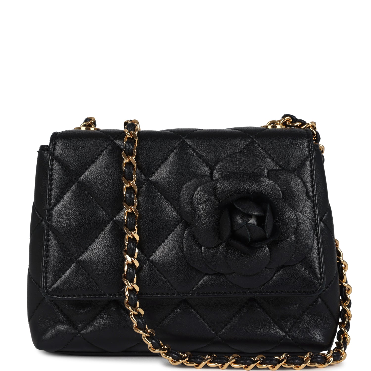 Chanel Mini Camellia Flap Bag Black Lambskin Gold Hardware