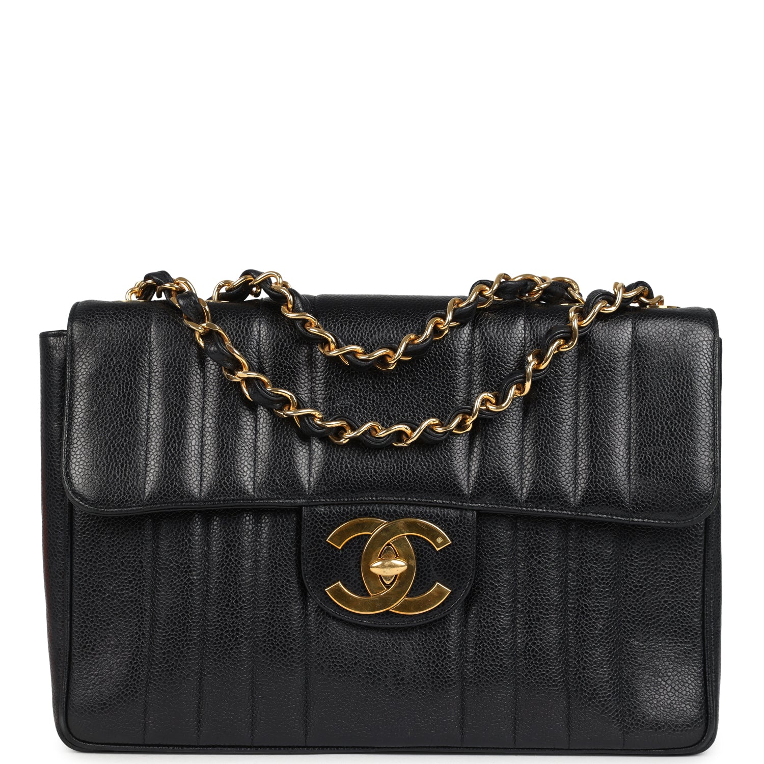 Chanel Jumbo Classic Mademoiselle Vertical Flap Black Caviar Gold Hardware Shoulder Bag