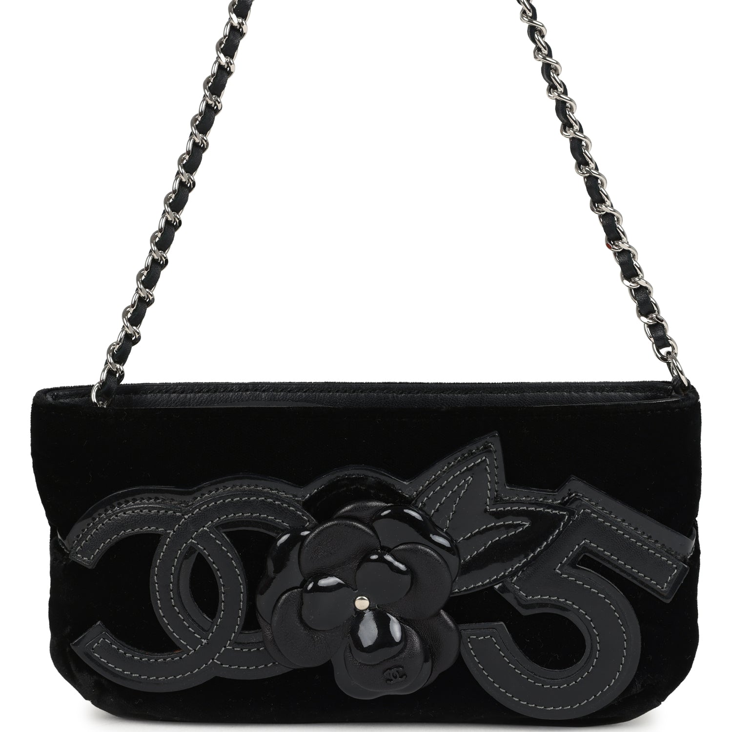 Chanel No. 5 Camelia Pochette Black Velvet Silver Hardware Crossbody