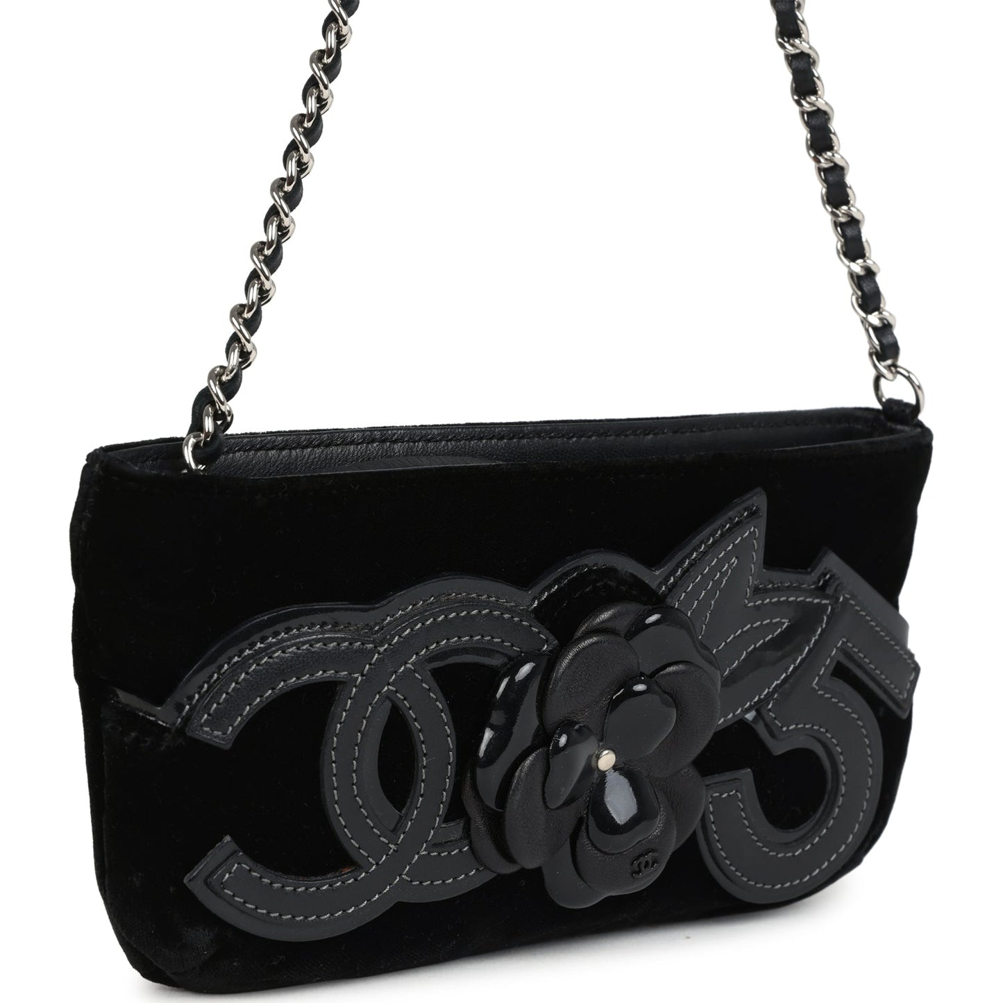 Chanel No. 5 Camelia Pochette Black Velvet Silver Hardware Crossbody