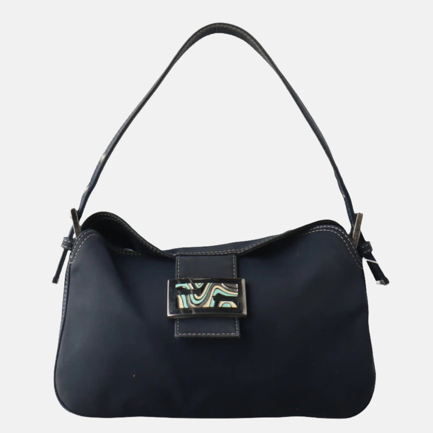 FENDI Baguette Blue Denim Navy Shoulder Bag with Enamel Buckle