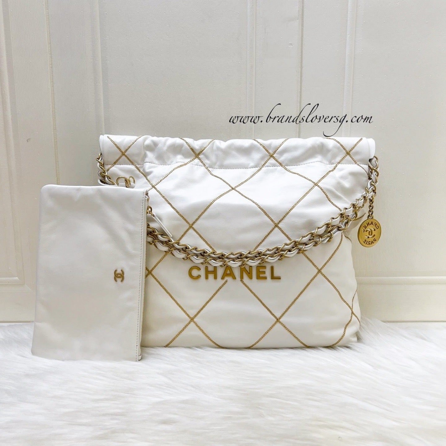 Chanel 22 Small Hobo Handbag in White Shiny Calfskin and AGHW (Model: AS3260)
