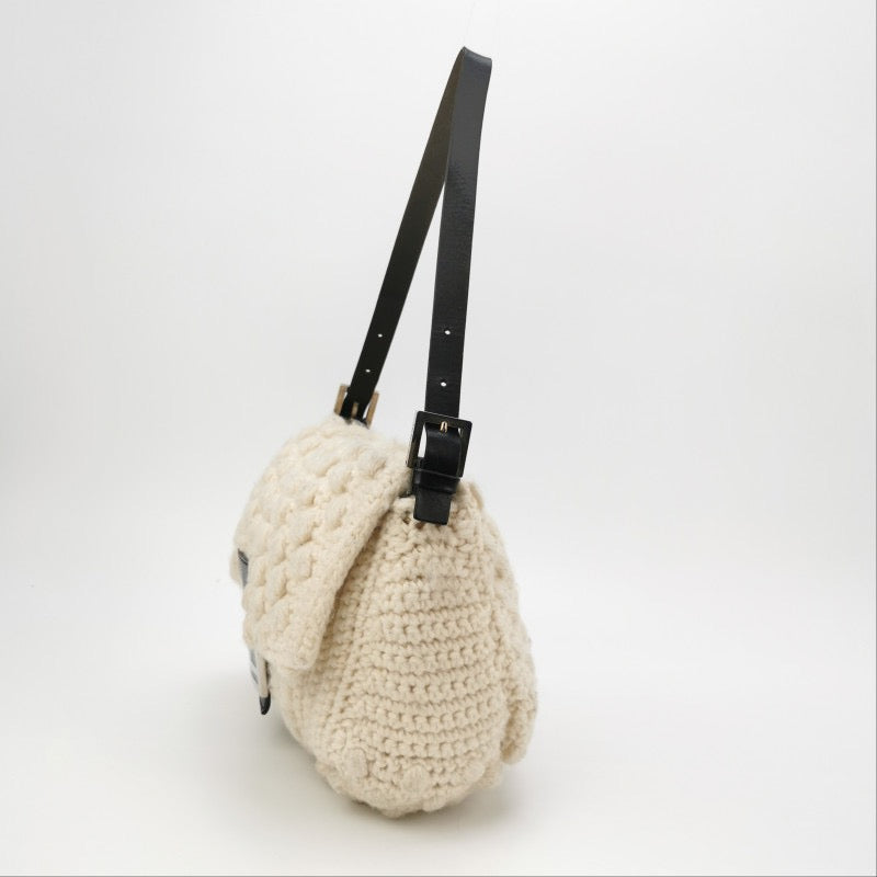 Fendi Mamma Baguette White Crochet Pompom Shoulder Bag