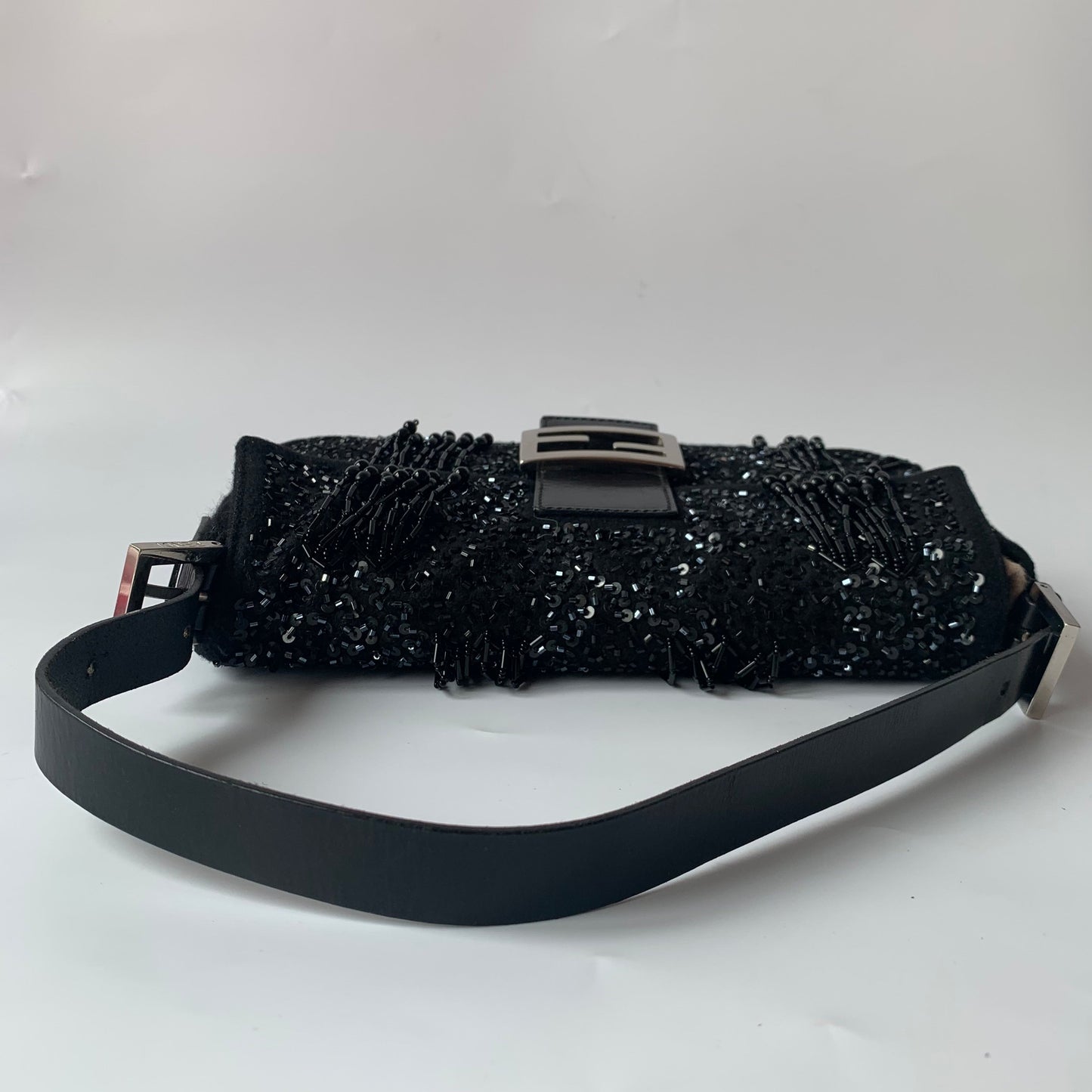 Fendi Baguette   Black Beaded Tussle On Black Shoulder Bag