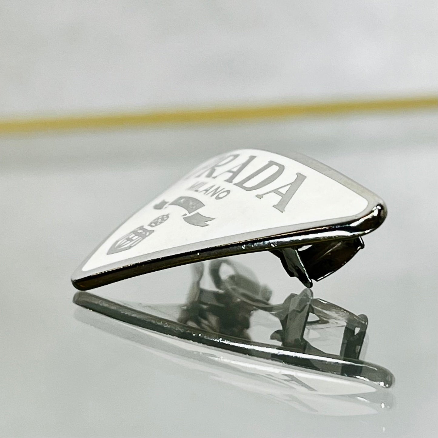Prada White Silver Metal Enamel Triangle Logo Hair Clip Luxury Handbag