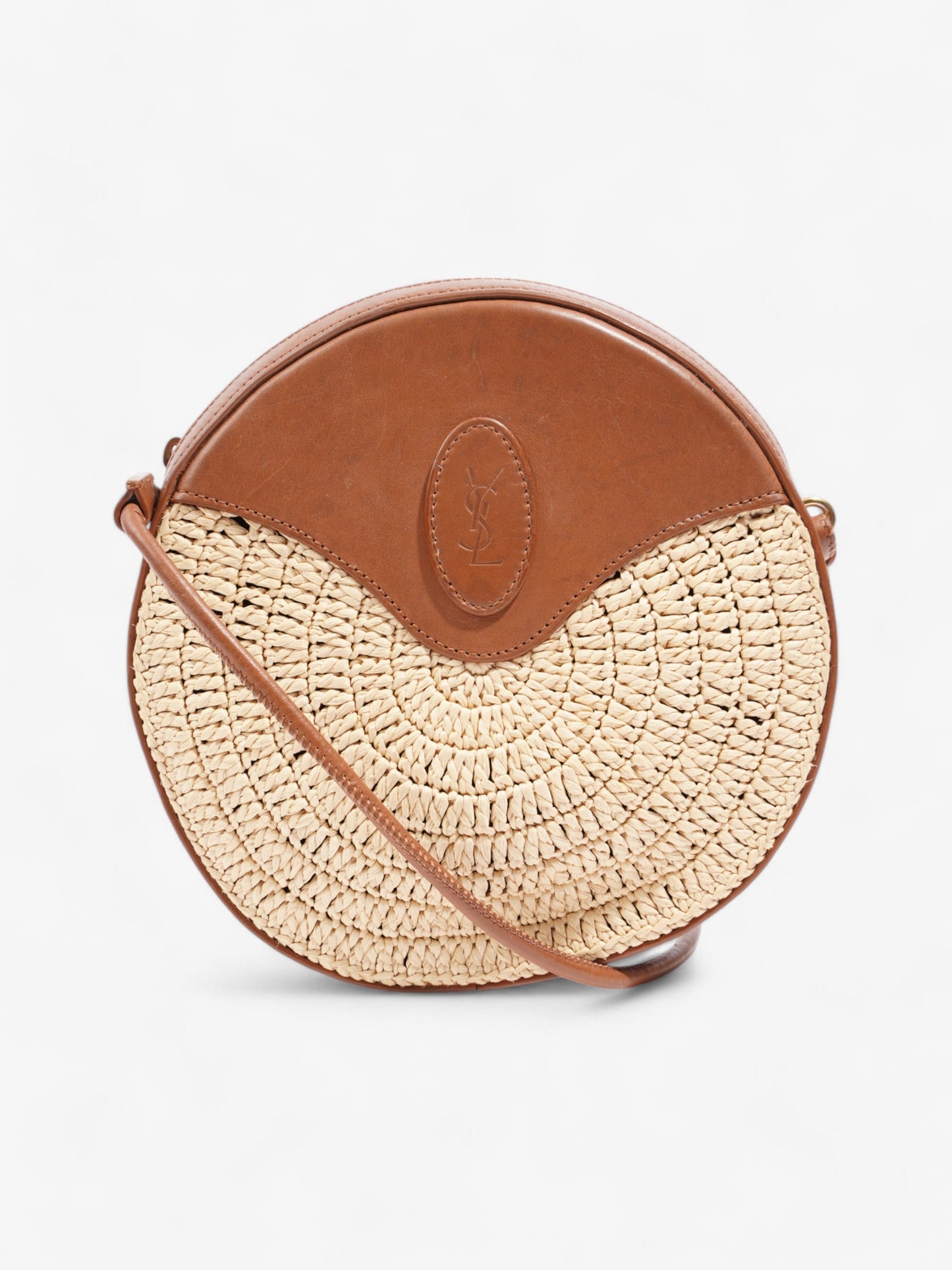Saint Laurent Raffia Round Crossbody Bag Brown / Straw Straw, Leather