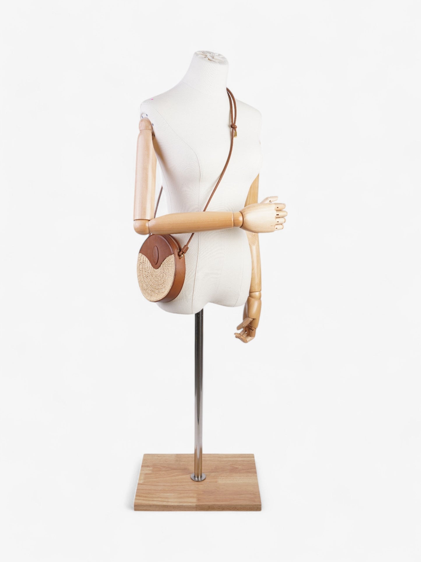 Saint Laurent Raffia Round Crossbody Bag Brown / Straw Straw, Leather
