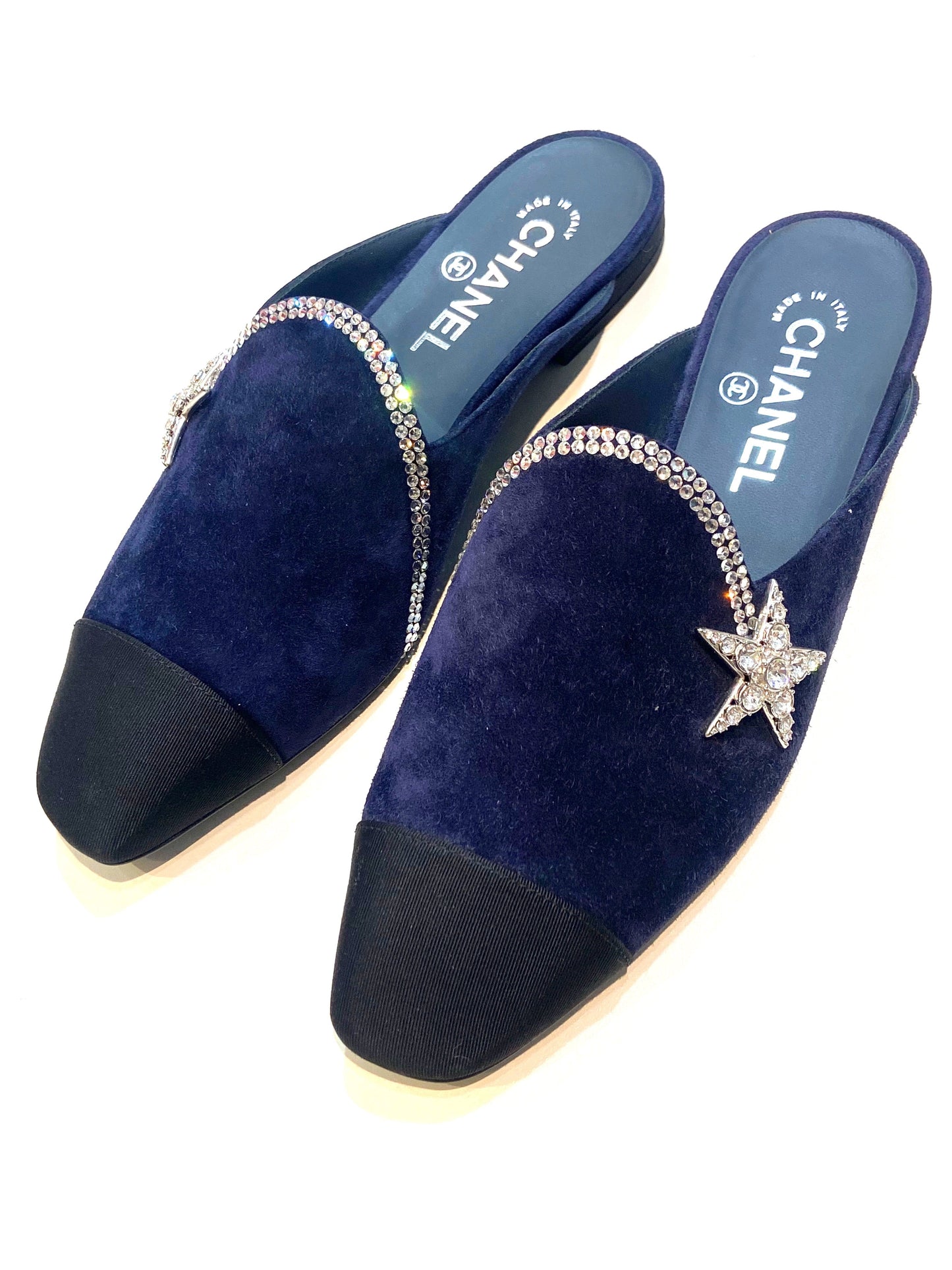 CHANEL SUEDE CALFSKIN GROSGRAIN CRYSTAL CC STAR MULES Handbag