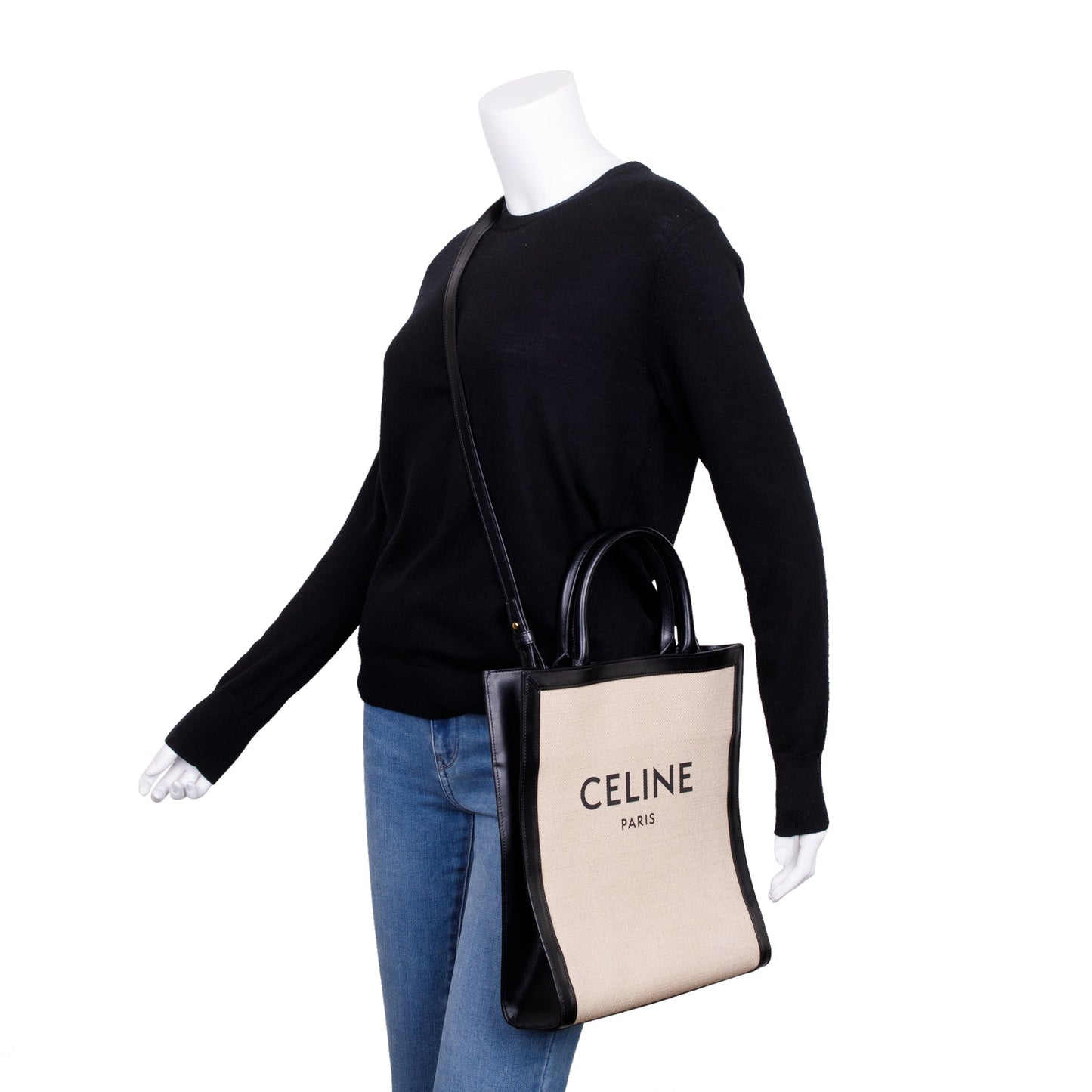Celine 2021 Small Beige Canvas Black Calfskin Logo Vertical Cabas Tote