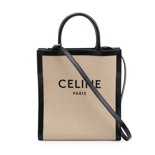 Celine 2021 Small Beige Canvas Black Calfskin Logo Vertical Cabas Tote