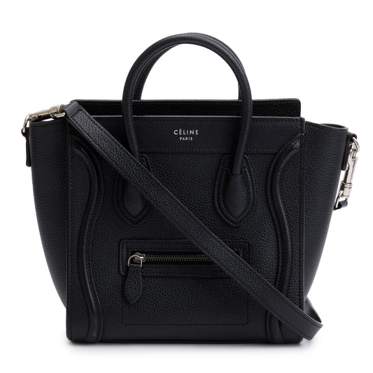 Celine Black Drummed Calfskin Leather Nano Luggage Tote