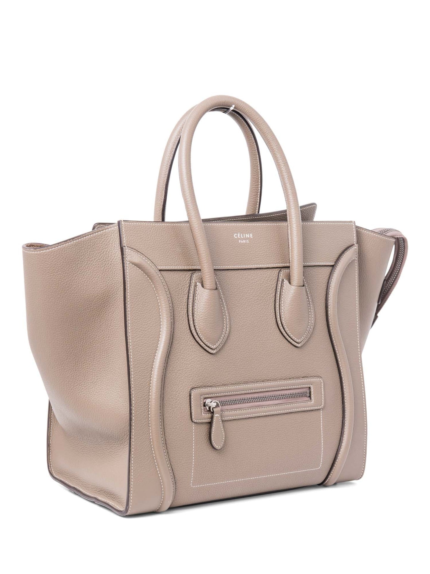 Luxury CELINE Logo Leather Mini Luggage Tote Bag Taupe