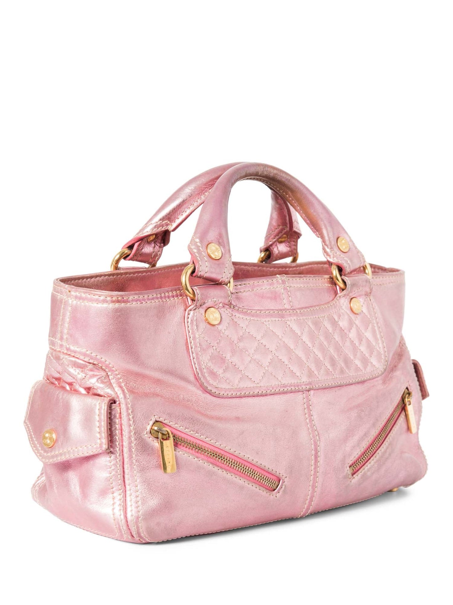 Luxury CELINE Logo Shimmer Leather Boogie Bag Pink Gold
