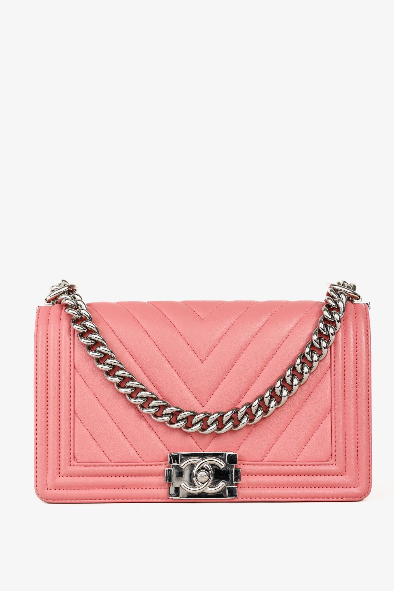 Chanel Boy Medium Pink Calfskin Chevron Flap Shoulder Bag
