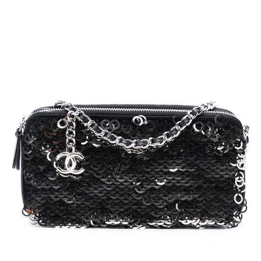 Chanel CC Calfskin and Sequin Double Zip Wallet on Chain