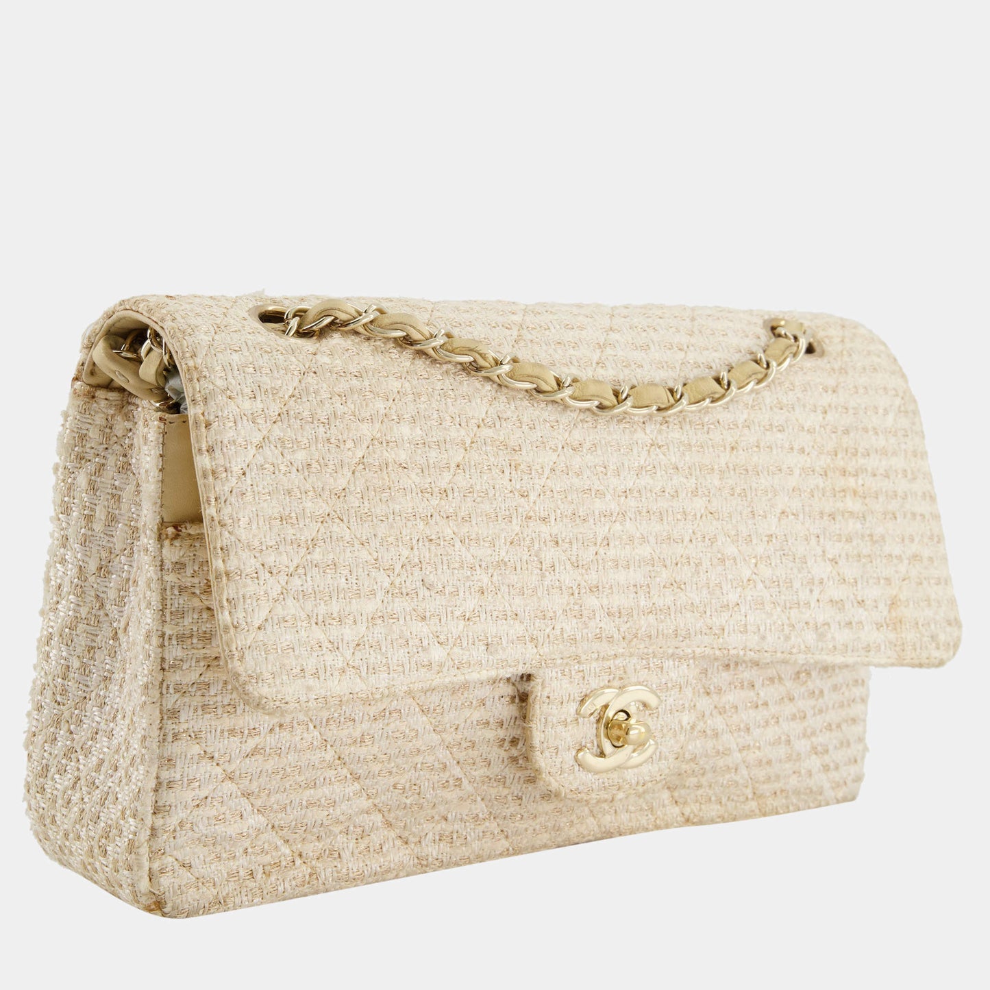 CHANEL CLASSIC DOUBLE FLAP TWEED IVORY GOLD CHAMPAGNE GOLD HARDWARE-HS Shoulder Bag
