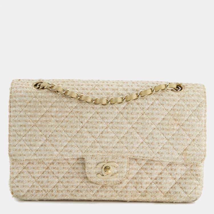 CHANEL CLASSIC DOUBLE FLAP TWEED IVORY GOLD CHAMPAGNE GOLD HARDWARE-HS Shoulder Bag