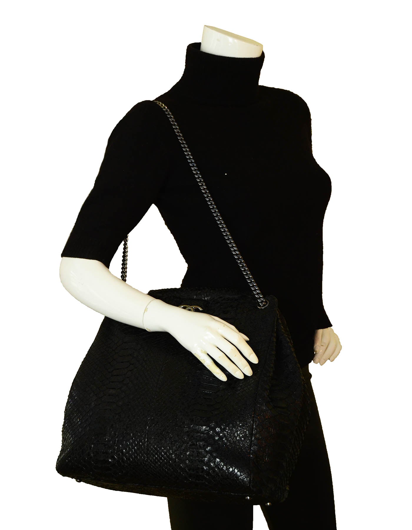 Chanel Black Python CC Accordion Large Chain Tote Bag