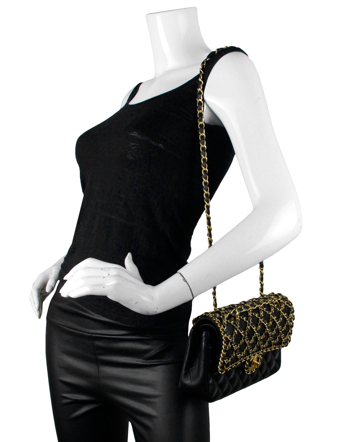 Chanel Black Lambskin Leather Classic Cage Woven Chain Flap Bag