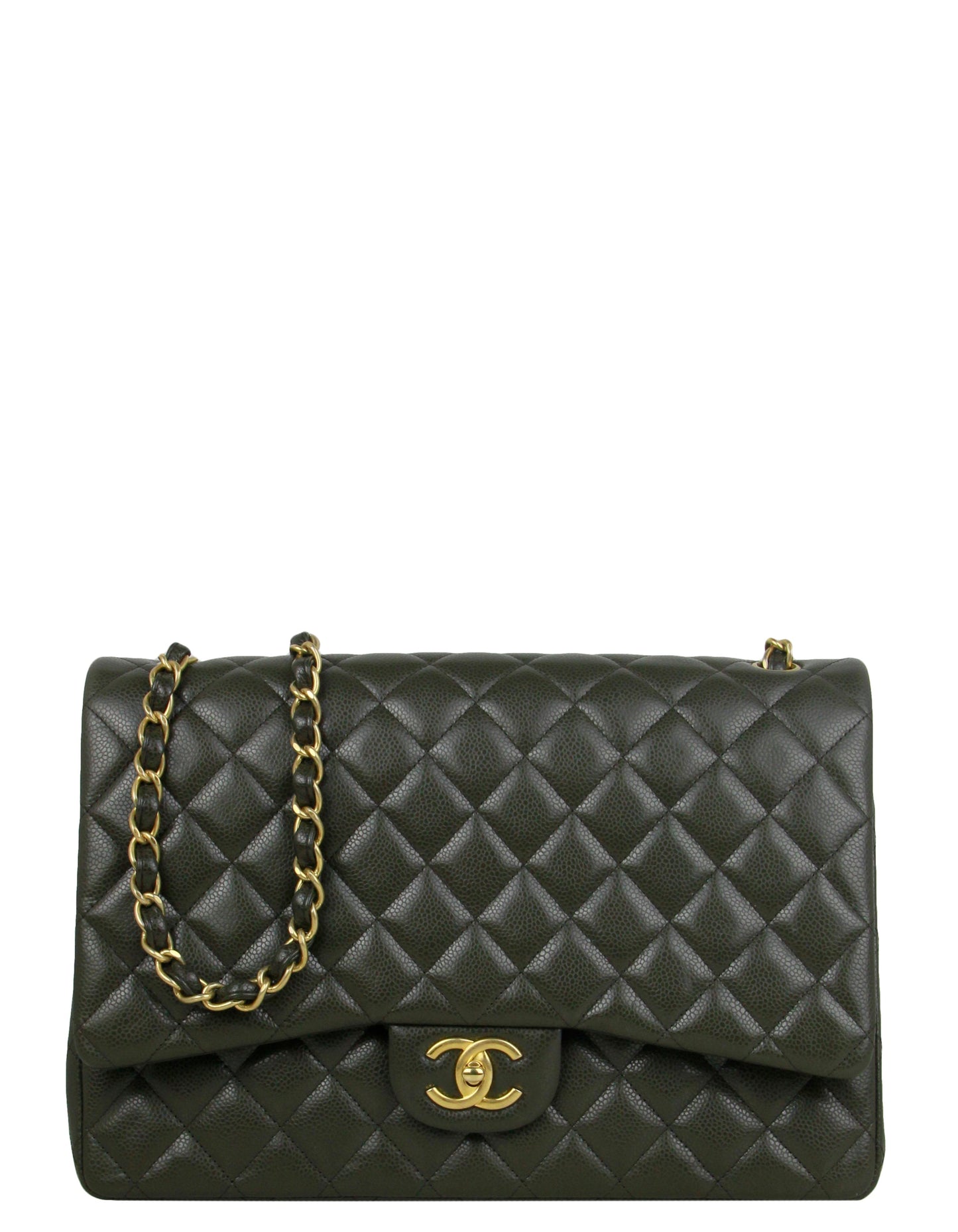 Chanel Dark Green Caviar Leather Double Flap Maxi Bag