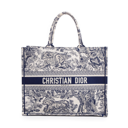 Christian Dior 2021 Large Ecru and Blue Toile de Jouy Embroidery Canvas Book Tote