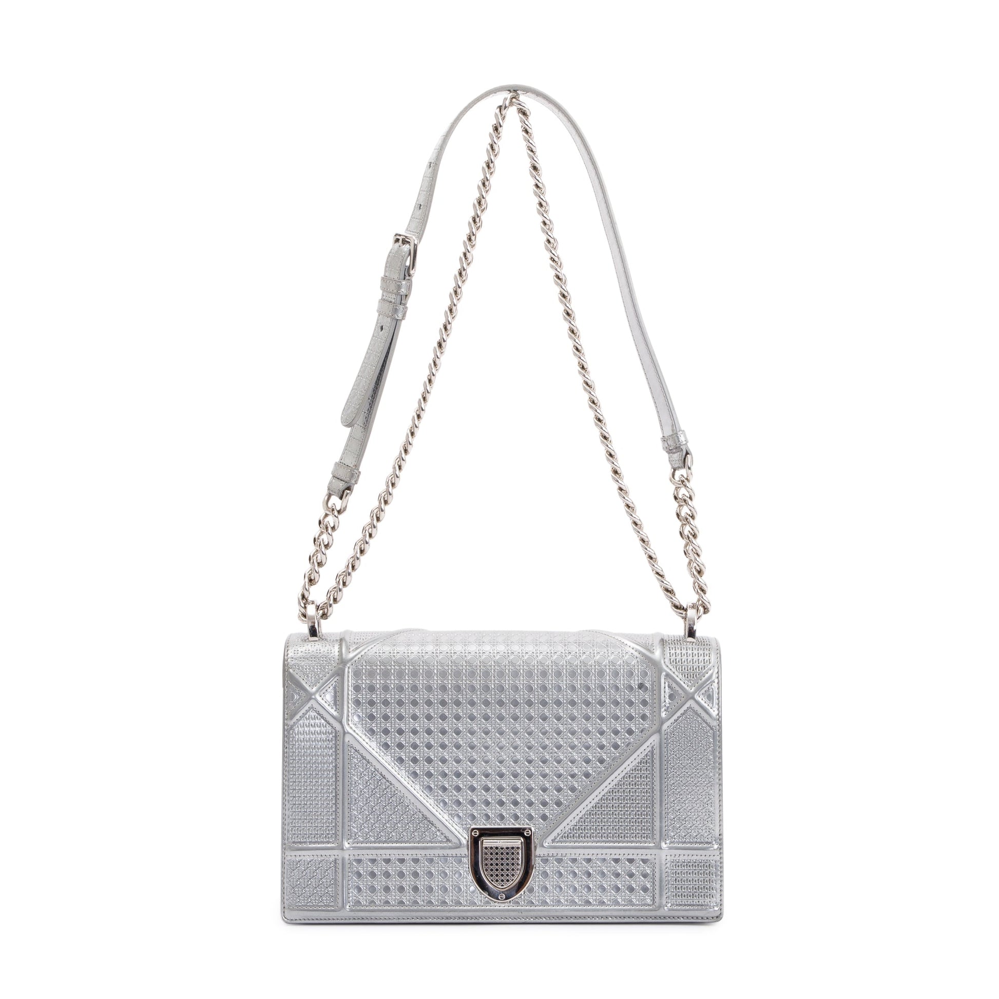 Christian Dior Large Silver Metallic Microcannage Diorama Shoulder Bag
