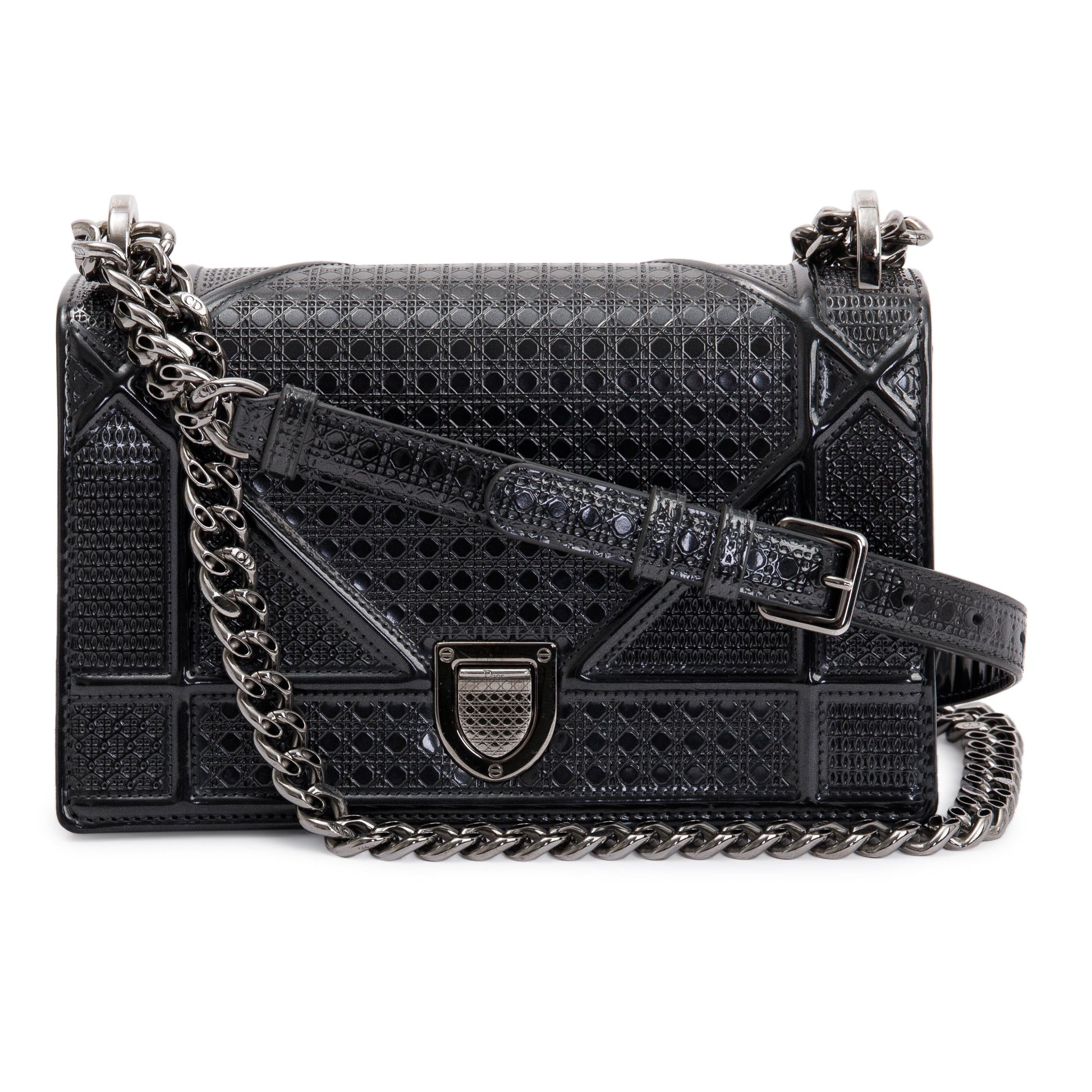 Christian Dior Metallic Grey Micro-Cannage Patent Leather Small Diorama Shoulder Bag