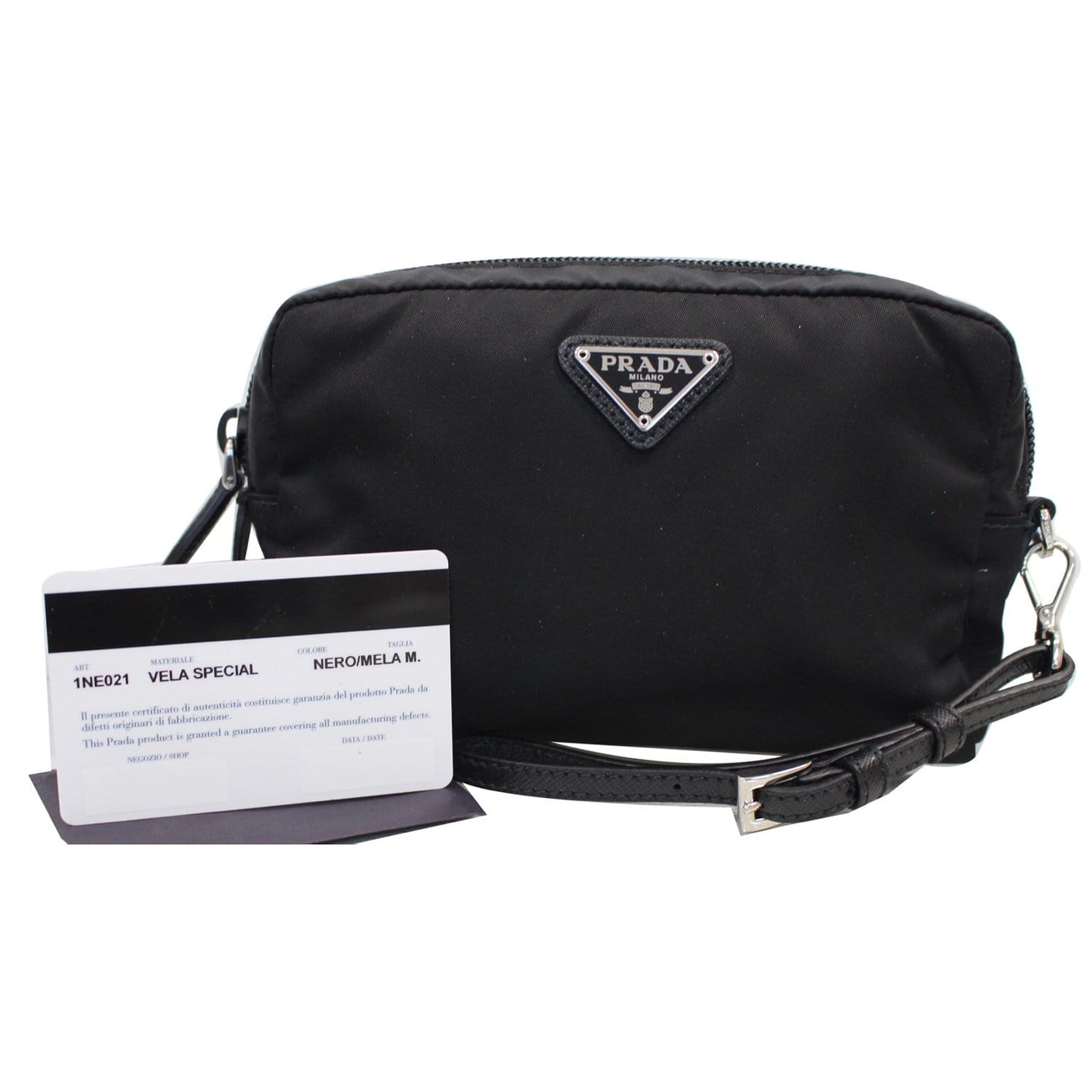 PRADA Logo Round Edge Nylon Cosmetic Wristlet Pouch Black