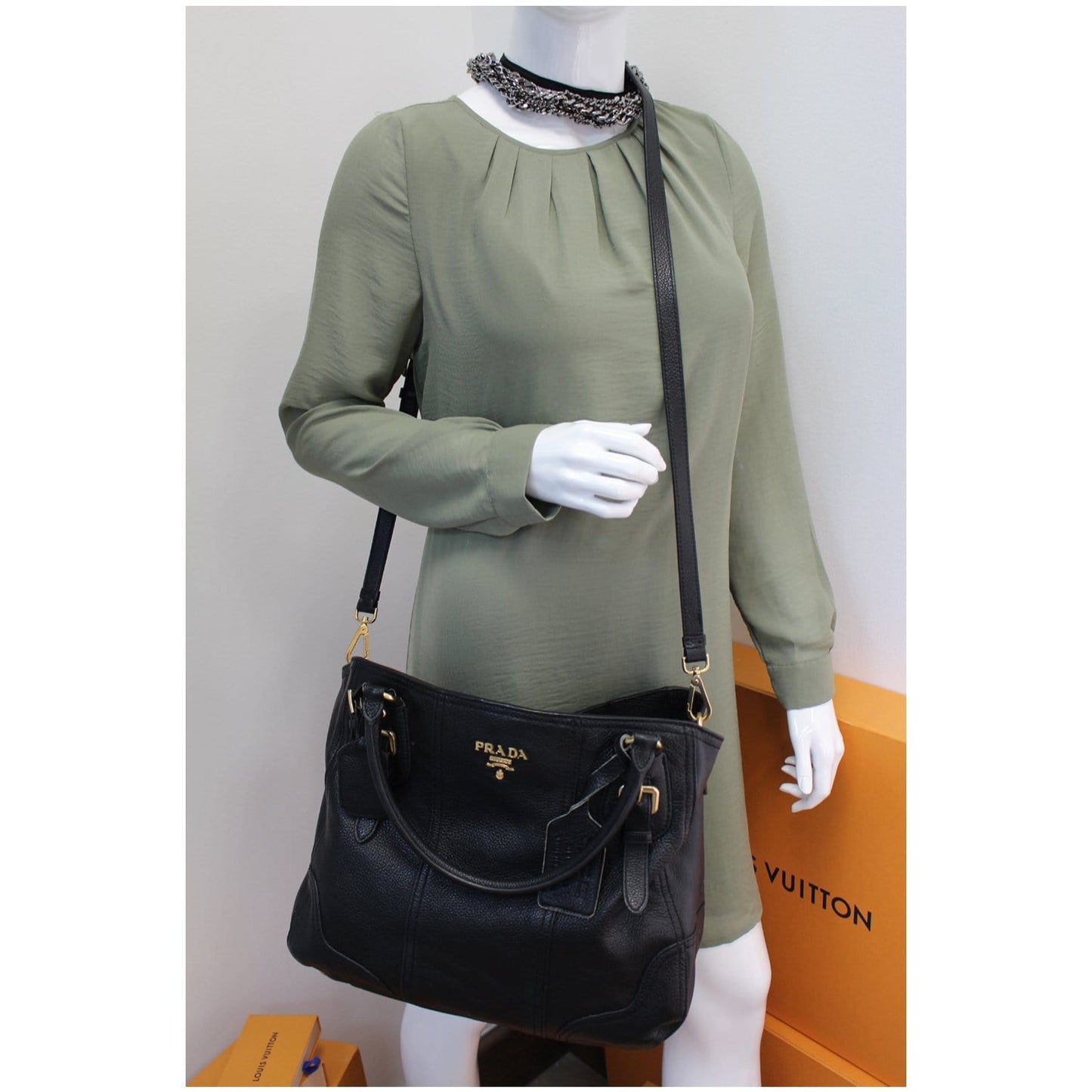 PRADA Cervo Antik Deerskin Leather Shoulder Bag Black